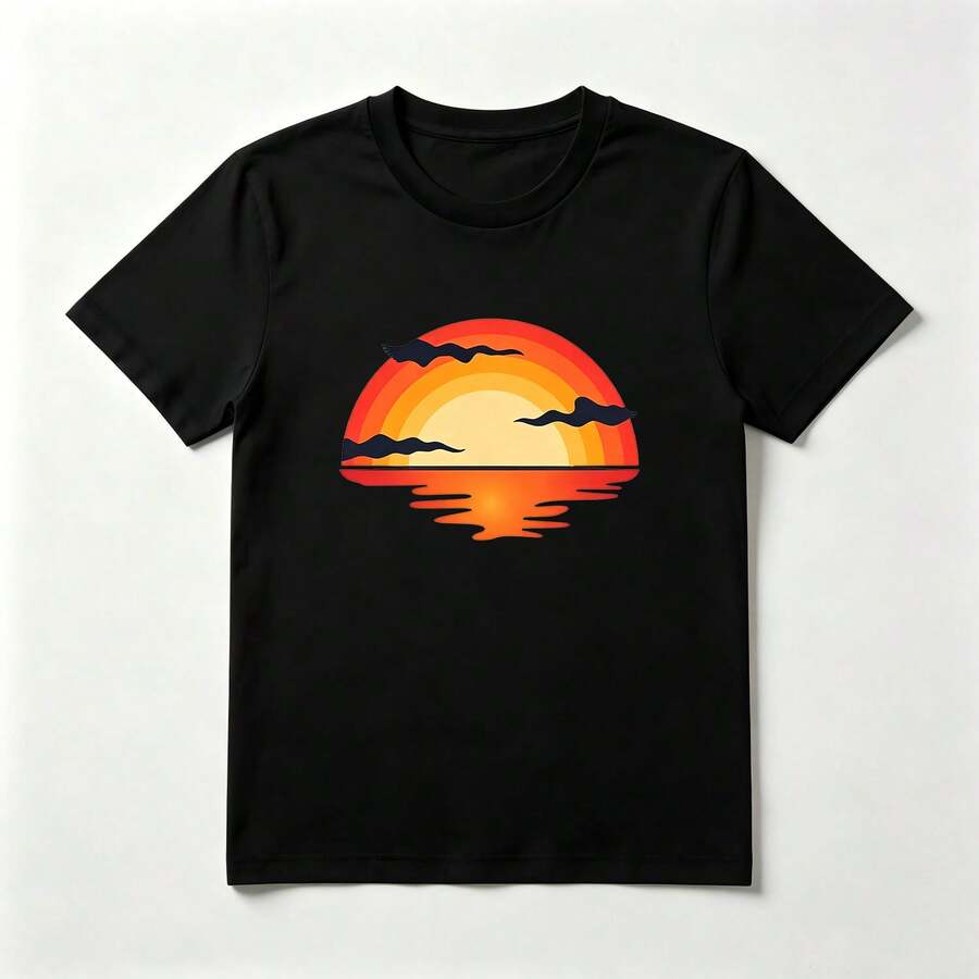 Atardecer Gradiente Playera de Algodón Negro Veraniega Cómoda - Negro - Ver 1