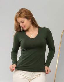 Set Of 2 Long Sleeve T-Shirts, Base Layer Blouses, V-Neck, Slim Fit, Workwear, Winter, Basic, Plain - Green - View 6