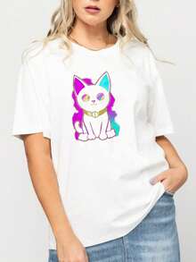 Camiseta de estilo casual para hombre con estampado de gato de colores vibrantes y diseño moderno ideal para uso diario en primavera y verano perfecta como regalo para amantes de los animales y moda urbana - Blanco - Ver 2