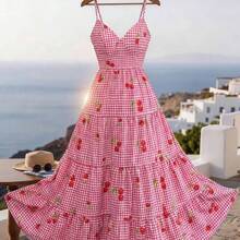 Vestido de tirantes rosa cereza con cintura ceñida y falda acampanada, vestido de verano casual y lindo para vacaciones. Vestido largo de mujer de verano estilo picnic, vestido maxi con lazo en la espalda a cuadros, vestido maxi a cuadros, vestido con estampado de fresa para mujer, vestido largo de verano, vestido rosa a cuadros para picnic, vestido con estampado de cereza para mujer, vestidos de verano para mujer, vestidos de picnic y vacaciones - Rosa - Ver 2
