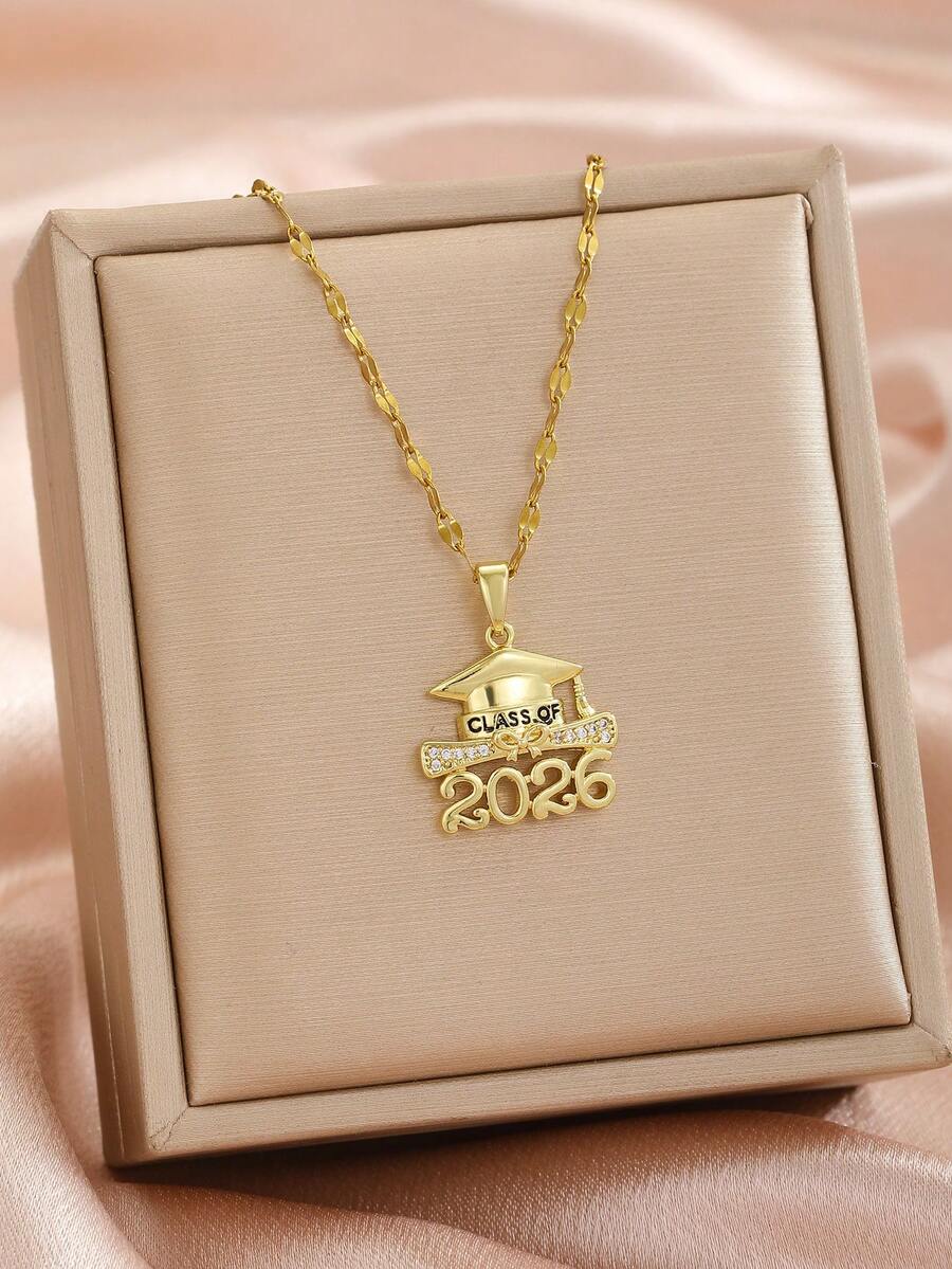 1件2026毕业帽造型不锈钢镀金喷砂项链，适合作为毕业礼物送给女性、男性、同学、朋友 - 彩色 - 查看 1