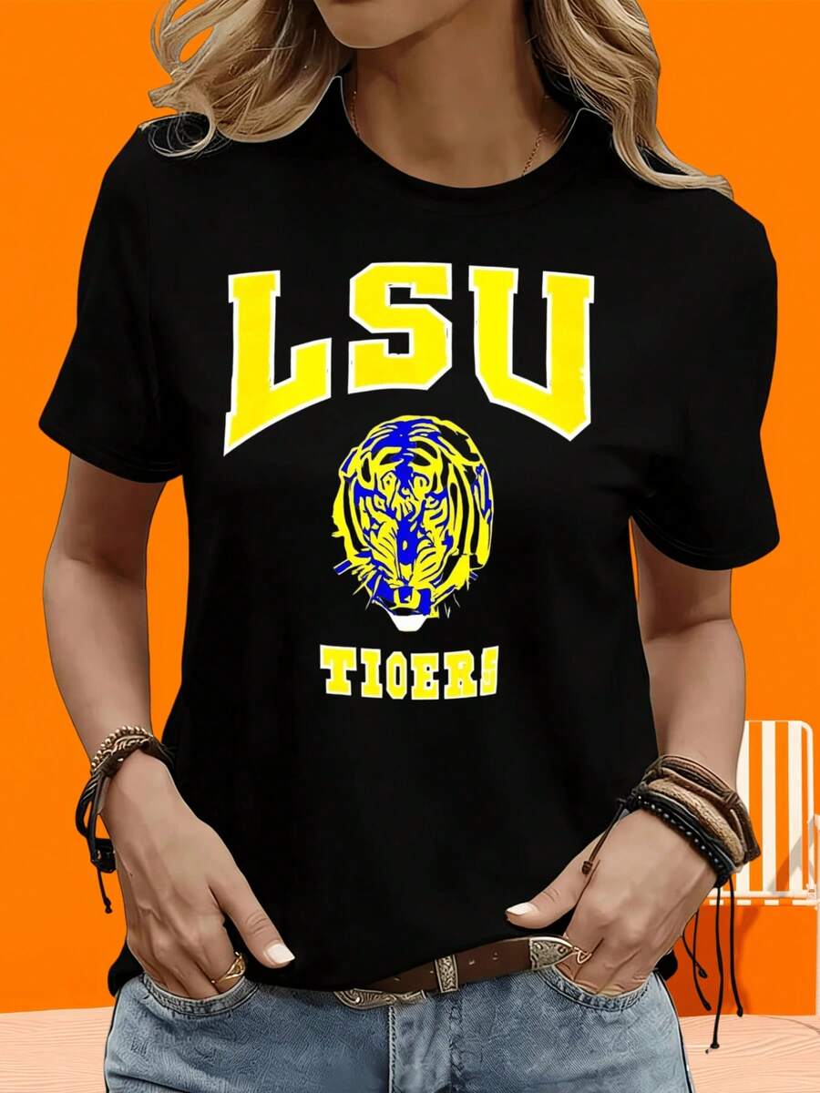White T-Shirt With Tigers College Football Team Logo For Women And Men, Unisex Casual Clothing With Tiger Head Design And Yellow And Blue Colors, Short Sleeve T-Shirt For Women In Black And White, Two T-Shirts For Casual Use At Home And Outdoors. - 黑色 - 查看 1