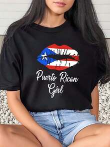 Women's Vintage T-Shirt With Graphic Print Of Lips With The Puerto Rican Flag, Casual Clothing For Cinco De Mayo - 黑色 - 查看 6