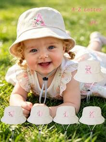 1pc 0-4 Years Old Baby Beige Letter & Floral Pattern Bucket Hat, Adjustable Chin Strap, Sun Protection, Breathable - Off White - View 1