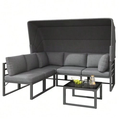 Iron Sunny Island Garden Lounge Set, Seating Group With Stool And Table With Canopy, 4 Piece Set For Balcony And Garden, Outdoor Furniture, Weatherproof, Grey, Includes All Cushions (Previous Reference: HW24006AAA) - Grey - View 1