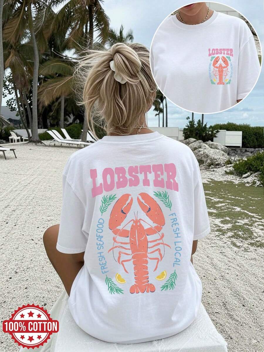 1 Piece [Double-Sided Print] Women's Spring And Summer Clothing, Women's Top, Illustrative Style, Lobster, Lemon, LOBSTER LOCAL FRESH SEAFOOD, Versatile, Short Sleeve, Dropped Shoulders, Pure Cotton Oversized T-Shirt [Quan K] 100% Cotton - 白色 - 查看 1