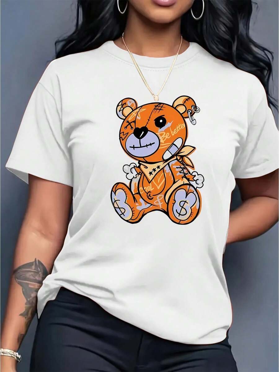 Cute And Playful Bear Print Casual Fashion Top For , Featuring A Round Neck And Short Sleeves. - White - View 1