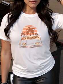 Camiseta de manga corta de algodón de 180g para mujeres - Ilustración de playa de atardecer con furgoneta redonda de cuello casual, lavable enáquina para todas las estaciones, regalo para mamá, material cómodo, camisa de impresión para uso diario, camisa de look modernoSuitable for spring, summer and autumn - Blanco - Ver 6