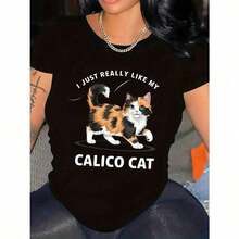ropa de mujer Camiseta de poliéster con cuello redondo y estampado de gato calico para mujer - Top casual de tejido de punto floral con longitud regular para primavera/verano/otoño - Microelástico cómodo con diseño de animal de dibujos animados en relieve camisas de mujer - Negro - Ver 1