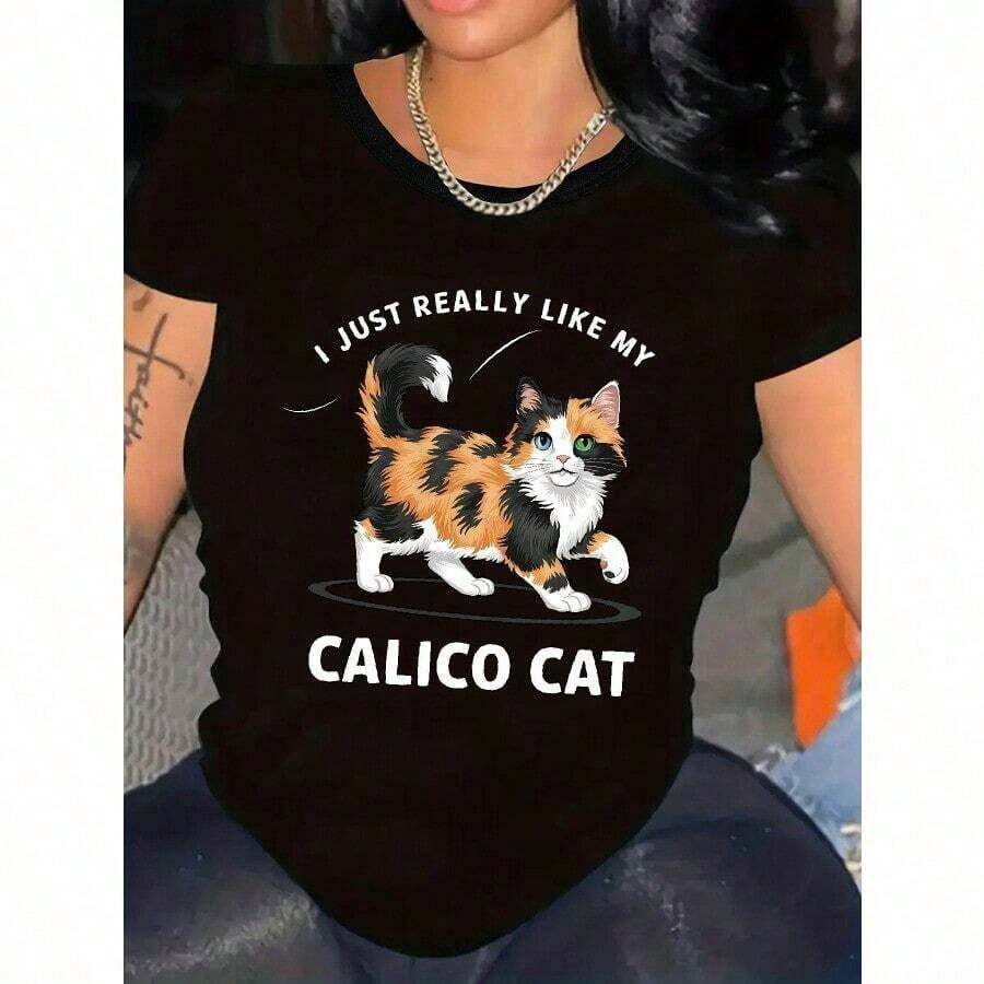 ropa de mujer Camiseta de poliéster con cuello redondo y estampado de gato calico para mujer - Top casual de tejido de punto floral con longitud regular para primavera/verano/otoño - Microelástico cómodo con diseño de animal de dibujos animados en relieve camisas de mujer - Negro - Ver 1