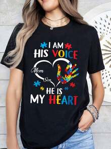Soy su voz, él es mi corazón. Camiseta de concientización sobre el autismo para madre de hijo autista. Regalo de apoyo y cariño para el mes de concientización sobre el autismo. Ropa para padres de niños con necesidades especiales, camiseta de algodón. - Negro - Ver 3