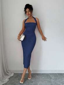 Vestido de mujer de longitud media elegante, adecuado para vacaciones, reuniones diarias, fiestas y eventos de cóctel Rojo Verano - Azul marino - Ver 4