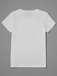 White Cotton T-Shirt, Suitable For Women, Small Pattern Design, Simple And Fashionable, Machine Washable, Suitable For Summer, Tops - White - View 2