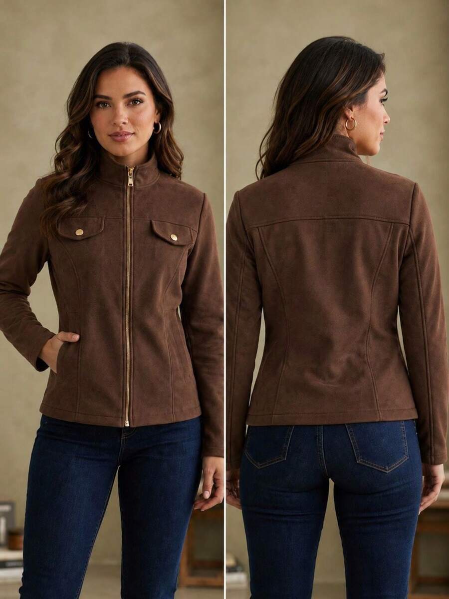 Slim Fit Jacket In Fleece Fabric, Wool Style, Faux Pockets, Winter Fashion, Party, São João (Saint John's Day), Office, Day-To-Night, , Premium, Blogger. - Rỉ Nâu - Xem 1