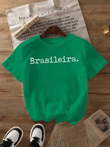 Mexican T-Shirt With MexicanBRASILEIRA Letter Print, New Round Neck T-Shirt For Spring And Summer, Women's Clothing, Cotton T-Shirt, Summer Fashion - 綠色 - 查看 7