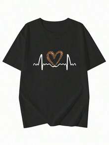 Women's Blouses, Fashionable Summer Short-Sleeved Women's T-Shirt, Casual Outdoor Fashion T-Shirt, Love Print Casual Women's T-Shirt With Relaxed Patterns, Seurmuse - 黑色 - 查看 4
