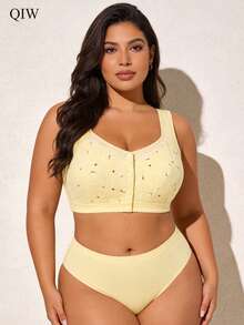 Plus Size Women Printed Front Button Wireless Bra, Seamless Comfortable Casual Underwear - Apricot - View 6