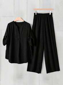 Camisa y pantalones de tela vaquera informal - Negro - Ver 6