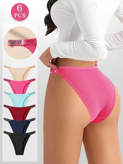 6pcs Solid Color Ribbed Rhinestone Cotton Women's Underwear, Fashionable & Comfortable Breathable Ladies Panties