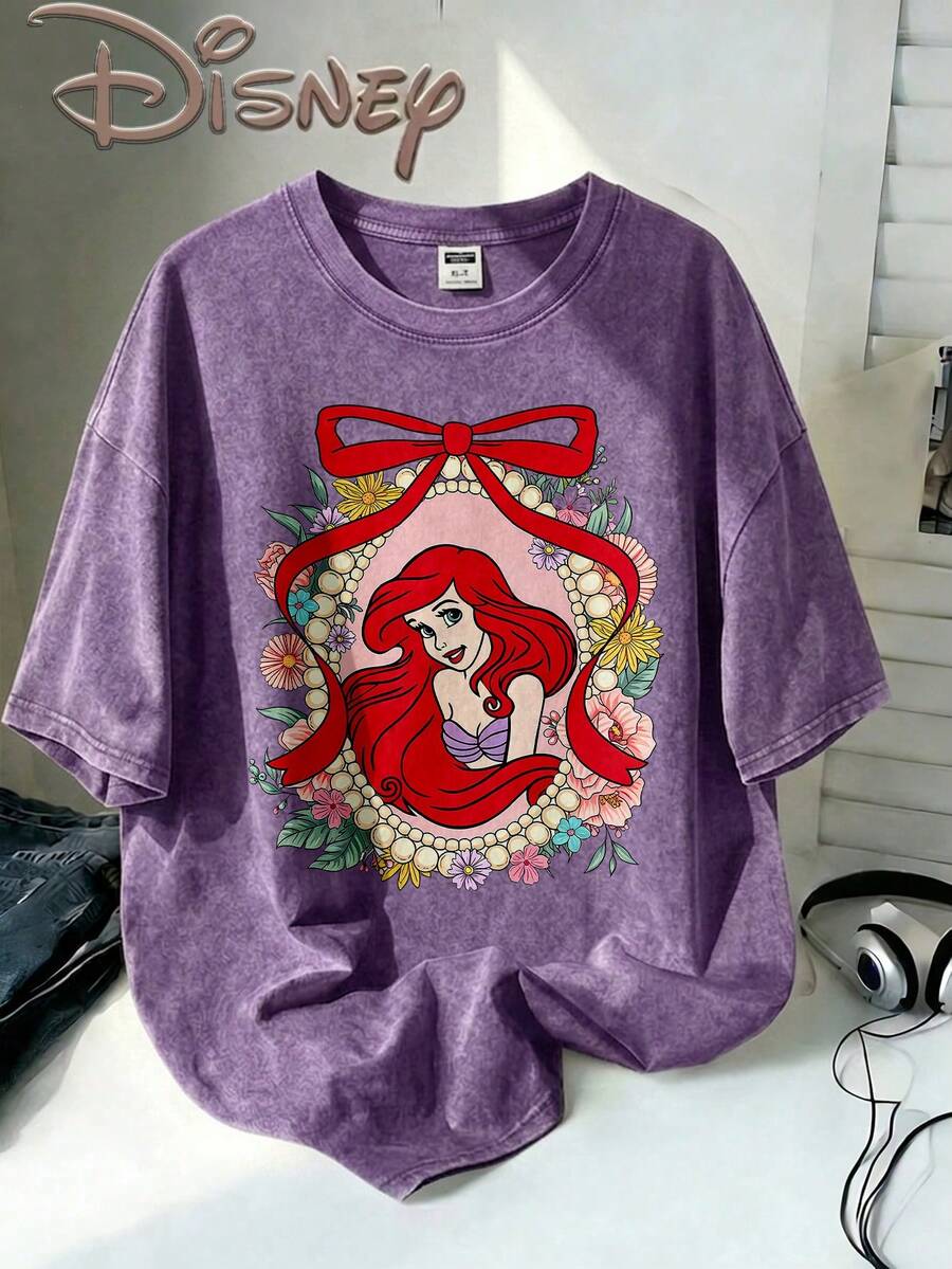 Disney Oversize Round Neck Washed T-Shirt With Disney Ariel Print, Disneyland, Disney Animal Kingdom, Disney Family Vacation Trip, Summer Outfits For Women, Vacation Outfits Women, Dresses,, Dresses For Women, Summer Clothes, Summer Tops, Capris For Women, Rompers For Women, Jeans For Women, Jorts, Graphic Tees Women, Tank Tops Women, Dresses For Women Summer, Summer Tops, Summer Clothes, Summer, Swimsuits For Woman, Bathing Suits For Women, Bikinis, White Tank Top, Women Sweatshirts & Hoodies, Cord Sets For Women, Trajes Elegantes De Mujer, Conjuntos De Dos Piezas Para Mujer, Skirt Two Piece Set, Conjuntos De Mujer, Blusas, Trajes De Mujer Casual, Free Shipping, Co Ords Sets Women, Faldas - Purple - View 1
