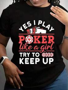 Women's Graphic T-Shirt Yes, I Play Like A Poker Player - 95% Polyester 5% Elastane, Casual Stretch Fabric, Short Sleeve, Crew Neck, Machine Washable, Black With Red Lettering And Summer Clothes, Graphic Tees Blouses For Women Shirt - 黑色 - 查看 1