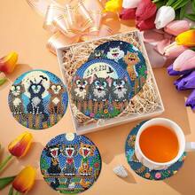 8件套DIY钻石画杯垫套装 - 三只小猫,圆形闪亮钻石,强力背胶,工具齐全,适合初学者,减压手工,新年、情人节、圣诞节、教师节礼物,家居装饰杯垫,送给家人、朋友、女朋友、老师 - 彩色 - 查看 6