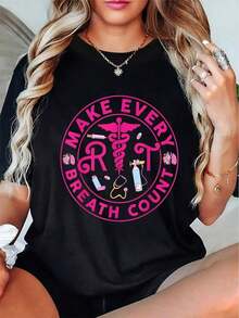 Men's Plus Size T-Shirt - 100% Women's Respiratory Therapist T-Shirt - "Make Every Breath Count" Design With Stethoscope And Ventilator Graphics, Black With Pink Lettering, Casual Short Sleeve Crew Neck T-Shirt, Regular Fit, Size H, Machine Washable For Respiratory And Healthcare Wear | Crew Neck T-Shirt | Comfortable Fit, Respiratory Care Shirt - 黑色 - 查看 6