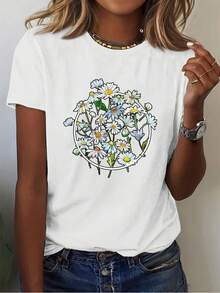 Women's Casual Top. Short-Sleeved T-Shirt With A Round Neck And Watercolor Daisy Print. A  New Style For Summer. This Fun, Regular-Fit White Printed Casual Top Is A Must-Have For Everyday Casual Wear. - 白色 - 查看 7