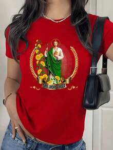 100% Cotton. Representation Of Tadeo In Green Attire, A Symbol Of Faith, Hope, And Protection, Surrounded By Golden Sunflowers As An Emblem Of Light And Miracles. Women's 100% Cotton T-Shirt. Women's Simple Solid Color T-Shirt, Loose And Slim Fit Casual Short Sleeve - 紅色的 - 查看 11