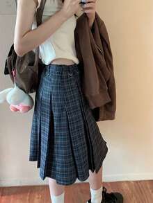 Vintage Pleated High Waist Slimming Academy Style Skirt (Random Plaid) - Blue - View 2