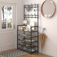 Multi-Layer Metal Clothes Rack With Shoe Rack And 8 Hooks, Multifunctional Storage Organizer For Hallway, Reinforced Steel Frame Suitable For Living Room, Dorm - Heavy Duty Clothing And Shoe Storage - Multicolor - View 6