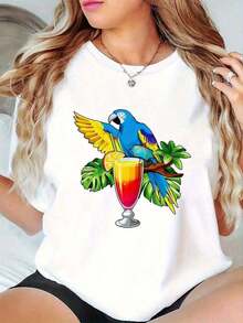 100% Cotton. Women's Graphic Tee With Tropical Parrot Cocktail Print - Casual Crew Neck Tee, Soft And Stretchy, With Vibrant Animal Print, Comfortable For All Seasons, Machine Washable, Beachwear, Fun Print Tee, Durable Fabric, 100% Cotton. Women's Simple Solid Color T-Shirt, Loose Fit, Short Sleeve Casual - 白色的 - 查看 6