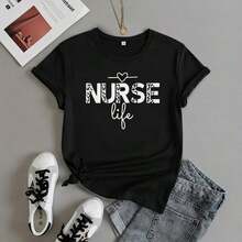Women's Graphic Nurse T-Shirt, Cotton, Short Sleeve, Round Neck, Leopard Print And Lettering, Casual Loose Fit, For Maternity Work, Sizes M-5XL, Soft. - Black - View 7