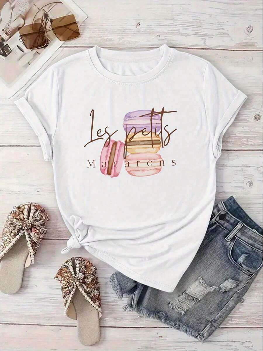 PremiumLoose-Fitting Plus-Size Wo's Summer Clothing, T-Shirt With Macaron Pattern, Suitable For Casual Outings And Afternoon Tea Time, Elegant Wo's Wear, Style: Round-Neck Short-Sleeve, Loose Fit, A Gift For Yourself/Family/Lover/Friends, Cotton TopGift Idea - 白色 - 查看 1