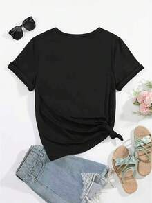 Women's Casual Short Sleeve T-Shirt - Rock Pattern Print With Winged Guitar Design, Machine Washable Round Neck, Music Themed T-Shirt For Spring/Summer/Autumn, High Elasticity T-Shirt, Elegant Party Outfit, T-Shirt For Elegant Ladies, Blouses Suitable For Curvy Women, Prom Skirts, Casual Wear, Adorable Animal Print, Fun Letter Print - 黑色 - 查看 2