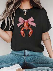 Black Crew Neck T-Shirt With Pink Lobster Print And Bow, Casual Short Sleeve Top For Women, Spring/Summer. Women's Blouses > Clothing - 黑色 - 查看 7