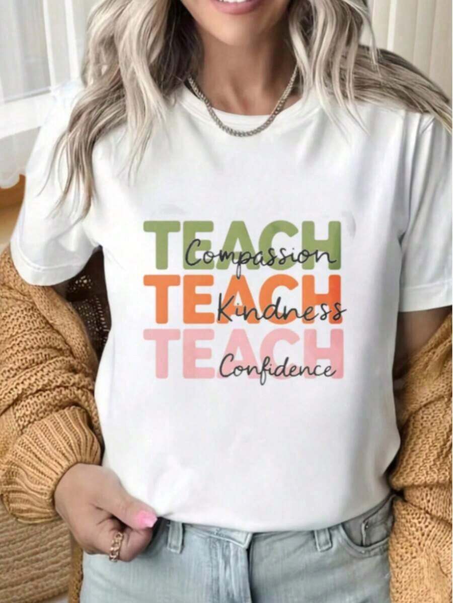 Soft 100% Cotton Women's T-Shirt, Casual, With Graphic Print That Teaches Compassion, Kindness And Confidence, Short Sleeve, Round Neck, Regular Fit For Everyday Wear, With Medium Stretch Knit Fabric, Breathable, Cotton, Matches Everything, Cool. - 白色 - 查看 1