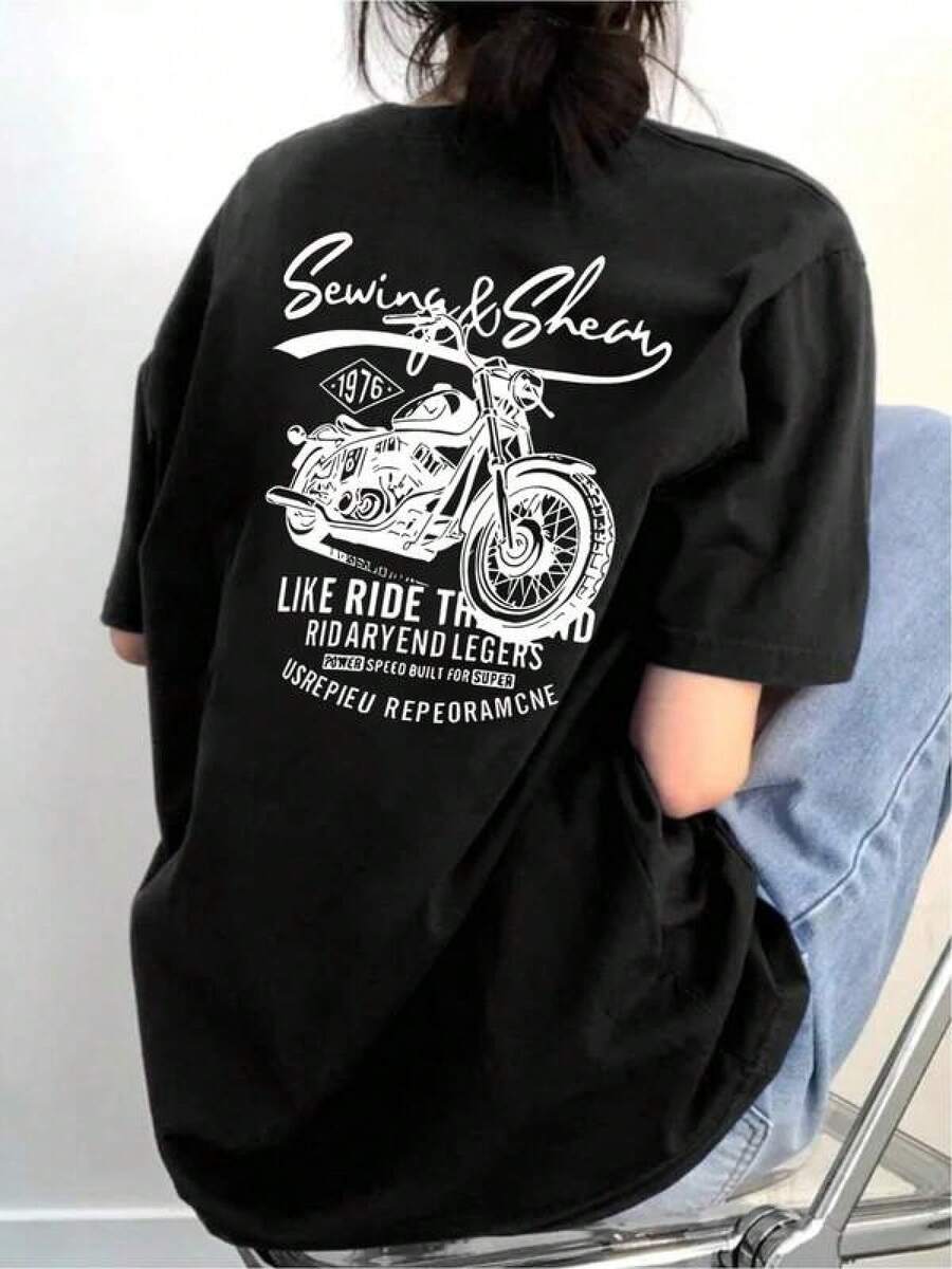 Camiseta negra informal de manga corta con cuello redondo para hombre,Camisetas Para Mujer Camiseta urbana negra divertida gráfico motocicleta estilo vintage cómoda casual moderna perfecta para motociclistas y amantes de la cultura biker talle único color negro moda masculina  2023 - Negro - Ver 1