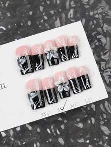 Set de 10 piezas de arte de uñas estilo Y2K Hiphop hecho a mano, que incluye pegatinas de manicura francesa nude y negra, calcomanías de uñas florales 3D y pegatinas de uñas acrílicas con cuentas doradas. Adecuado para damas y niñas para fiestas, uso diario y regalos de uñas - Negro - Ver 4