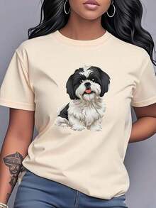 1 Piece Fashion Casual For Men And Women Shih Tzu Dog Print T-Shirt, Short Sleeve, Round Neck, Women's Clothing, Casual And Versatile, Modern And Fashionable, Suitable For Daily Wear, Dates, Casual Wear, And Home Wear. OB6L Is Versatile, Easy To Match, Suitable For Daily Wear, Urban Style, Vacation Outfits, And Weekend Wear. - 杏 - 查看 7