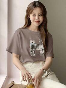 Y2K Style,  Style, The Newest Of 2026, Cute Style, Casual Style. Women's White T-Shirt With Round Neck And Cat Print, Short Sleeve, For Spring/Summer, Teacher's Prep Tops 180g (S-XXXL) - 灰紫色 - 查看 2