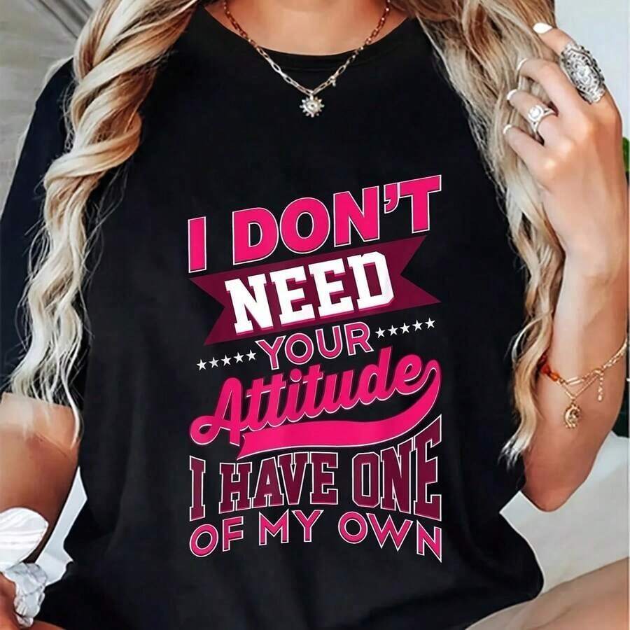 Wo'S Has A T-Shirt With An Interesting Slogan: Text In Striking Pink 'I Don't Need Your Attitude, I Have My Own' - Black T-Shirt With Stars, Soft For Everyday Women's Wear. - 黑色 - 查看 1