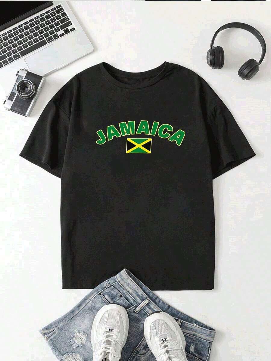 Women's T-Shirt With Jamaica Print, Casual And Modern Design With Green, Black And Gold Flag, Ideal For Summer And An Authentic Look. - 黑色 - 查看 1