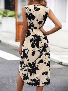 Women's Floral Print Overlap V-Neck Sleeveless Elegant Dress For Vacation - Multicolor - View 2