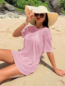 Swim Vcay Encubrimiento de playa para vacaciones de verano de unicolor transparente y de moda para mujer - Rosa - Ver 3
