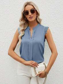 Clasi Camisa de mujer sin mangas de unicolor con cuello en V elegante y parche de encaje, verano - Niebla azul - Ver 5
