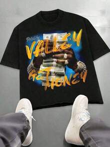 Men's Hip Hop T-Shirt, "Valley Get Money" Print, 100% Cotton, Crew Neck, Short Sleeve, Y2K Streetwear, Digital Print, Loose Fit, Plus And Tall Sizes, For Men - 黑色 - 查看 9