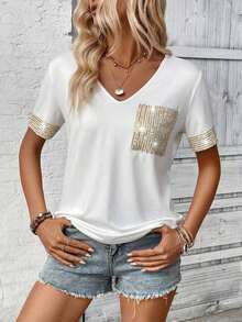 LUNE Camiseta de mujer casual de manga corta con cuello en V, parches y lentejuelas - Blanco 2 - Ver 6