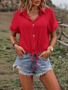 Camisa de verano para mujer, casual, suelta, de un solo botón y unicolor - Rojo - Ver 3