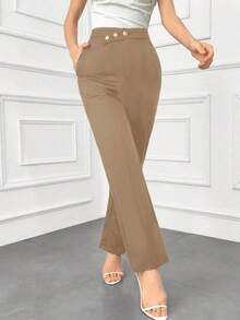 Pantalones elegantes de mujer con pierna recta, cintura suelta y detalles de botones para otoño/invierno - Marrón - Ver 5